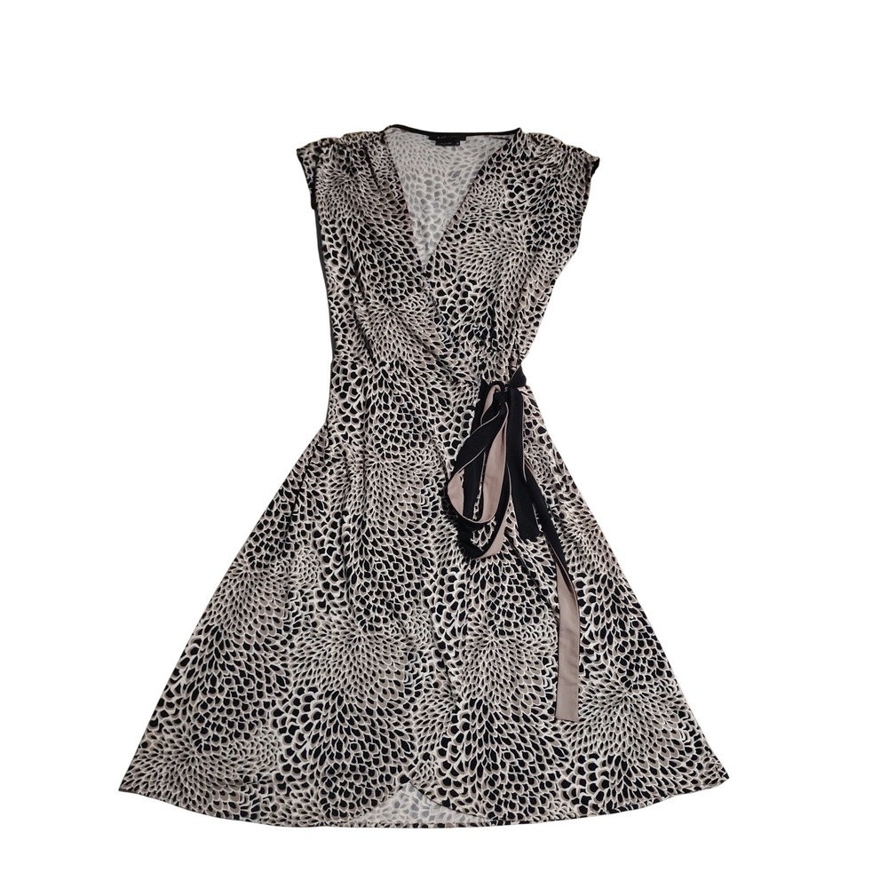 BCBGMAXAZRIA Womens M Faux Wrap Dress‎ Black Tan Abstract Petal Print Sleeveless